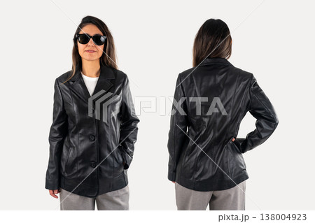Woman Wearing Black Leather Jacket Front and Back View Woman Wearing Black Leather Jacket Front and Back View 138004923