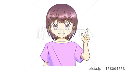 前向きな表情で説明、案内、紹介をしている夏服の女の子のアニメ風イラスト、白バック 前向きな表情で説明、案内、紹介をしている夏服の女の子のアニメ風イラスト、白バック 138005238