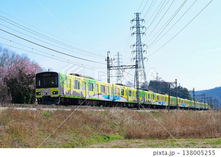 青空の下を走る東武50090型51092Fクオッカトレインと桜 138005255