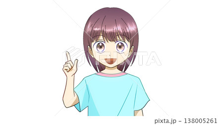 笑顔で説明、案内、紹介をしている夏服の女の子のアニメ風イラスト、白バック 138005261