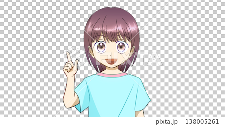 笑顔で説明、案内、紹介をしている夏服の女の子のアニメ風イラスト、白バック 138005261
