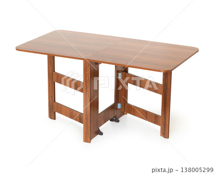 Folding table, fully opened, French walnut color, isolated on white background Folding table, fully opened, French walnut color, isolated on white background 138005299