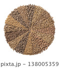 A top view of sixteen different types of mixed pet and bird feed arranged in sectors in a circle and isolated on a white background, authentic photograph, not AI-generated 138005359