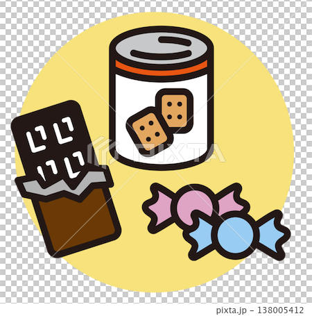 Emergency food illustrations. Vector images of chocolate, hardtack, and candy. 138005412