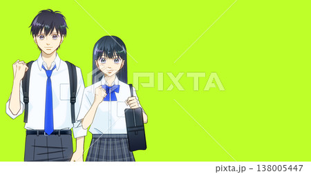 明るい笑顔でリュックとスクールバッグを持つ夏服の学生のアニメ風イラスト 138005447