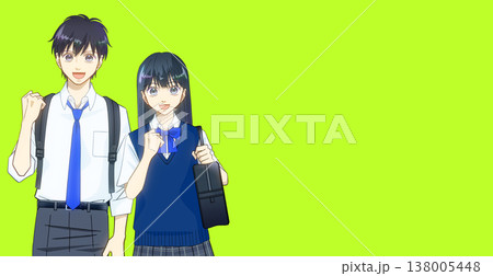 明るい笑顔でリュックとスクールバッグを持つ夏服の学生のアニメ風イラスト 明るい笑顔でリュックとスクールバッグを持つ夏服の学生のアニメ風イラスト 138005448