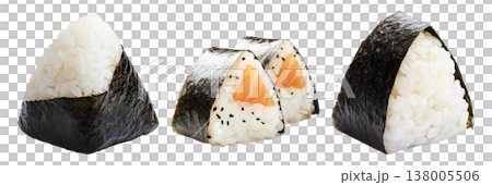 Japanese salmon onigiri rice ball wrapped in nori seaweed, isolated on white background, Asian cuisine concept Japanese salmon onigiri rice ball wrapped in nori seaweed, isolated on white background, Asian cuisine concept 138005506