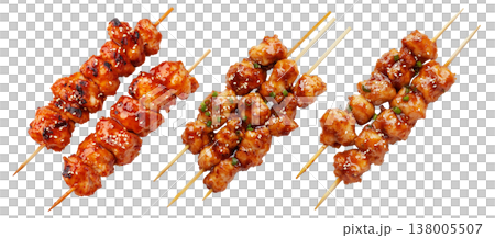 Grilled Korean Dakkochi chicken skewers coated in glossy sesame glaze,isolated on white background, Asian cuisine 138005507