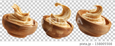 Swirled creamy hummus in wooden bowl, isolated on white transparent background. Concept of healthy vegan food and dip Swirled creamy hummus in wooden bowl, isolated on white transparent background. Concept of healthy vegan food and dip 138005508