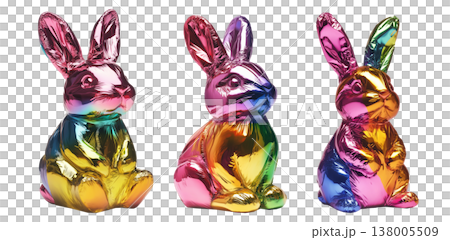 Set of metallic rabbit shaped balloon with vibrant colors including pink, gold, blue, and green, on white transparent background 138005509