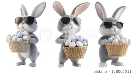 Set of gray Easter bunny wearing black sunglasses, holding wicker basket filled with pastel Easter eggs isolated on white Set of gray Easter bunny wearing black sunglasses, holding wicker basket filled with pastel Easter eggs isolated on white 138005511