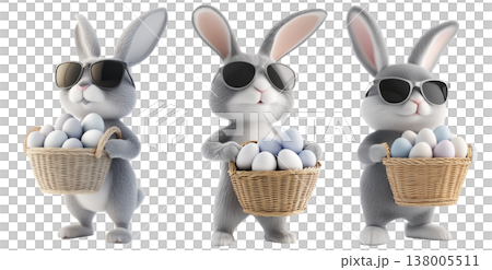 Set of gray Easter bunny wearing black sunglasses, holding wicker basket filled with pastel Easter eggs isolated on white Set of gray Easter bunny wearing black sunglasses, holding wicker basket filled with pastel Easter eggs isolated on white 138005511