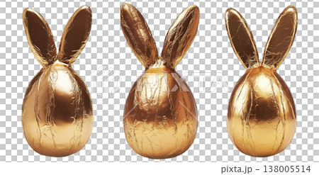 Set of Golden foil wrapped Easter chocolate shaped like a bunny with ears, isolated on white transparent background Set of Golden foil wrapped Easter chocolate shaped like a bunny with ears, isolated on white transparent background 138005514
