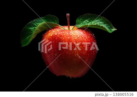 Red apple with droplets and green leaves isolated on black background with clipping path, concept freshness and nutrition 138005516