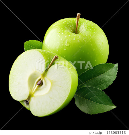 Fresh green apple with sliced half isolated on black background with clipping path, concept of natural health and freshness Fresh green apple with sliced half isolated on black background with clipping path, concept of natural health and freshness 138005518