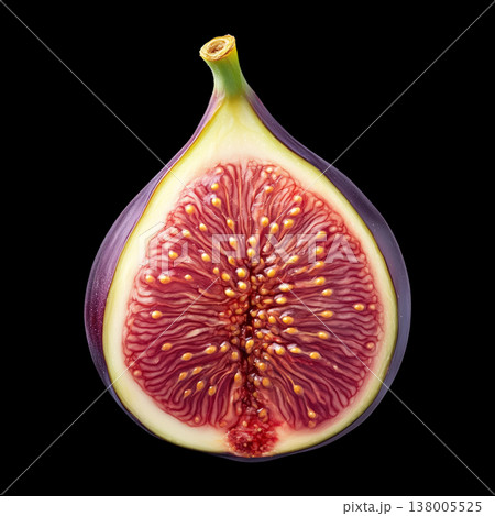 A ripe fig half in closeup, isolated on black background with clipping path, concept freshness and natural nutrition 138005525