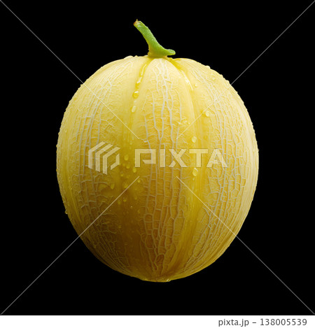 Ripe yellow melon with droplets isolated on dark background with clipping path, symbolizing freshness and natural nutrition 138005539