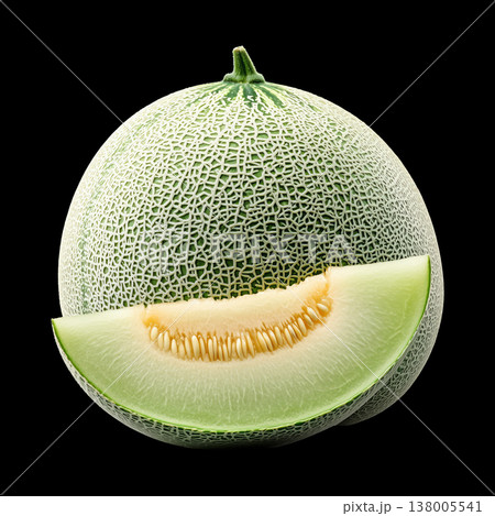 Cantaloupe melon with juicy slice isolated on black background with clipping path, concept of freshness nutrition and organic food 138005541