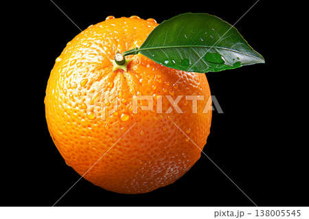 Fresh orange with leaf and water droplets isolated on black background with clipping path, concept freshness and natural quality Fresh orange with leaf and water droplets isolated on black background with clipping path, concept freshness and natural quality 138005545