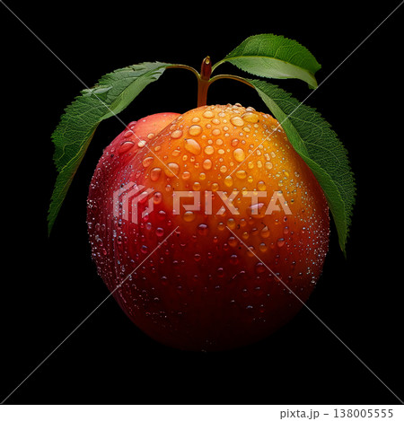 Red plum or peach with dew drops and green leaves isolated on black background with clipping path Red plum or peach with dew drops and green leaves isolated on black background with clipping path 138005555