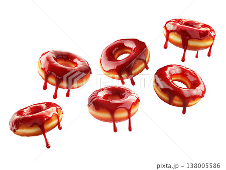 Glossy red glazed donuts with syrup dripping, isolated on white background. Concept of sweet dessert and indulgence 138005586