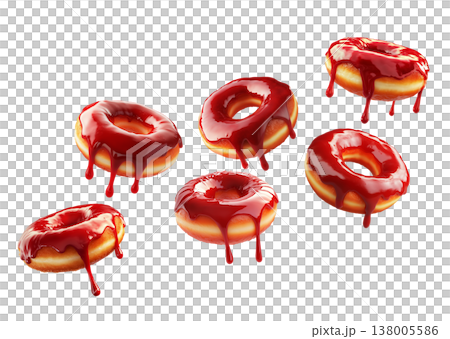 Glossy red glazed donuts with syrup dripping, isolated on white background. Concept of sweet dessert and indulgence 138005586