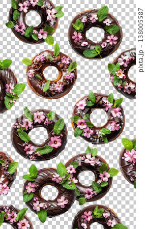 Chocolate glazed donuts topped with pink edible flowers and mint leaves, isolated on a white background Chocolate glazed donuts topped with pink edible flowers and mint leaves, isolated on a white background 138005587