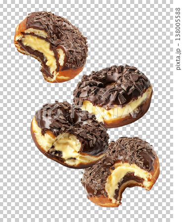Chocolate glazed cream filled donuts with visible bite marks, isolated on white background. Concept of sweet dessert pattern Chocolate glazed cream filled donuts with visible bite marks, isolated on white background. Concept of sweet dessert pattern 138005588