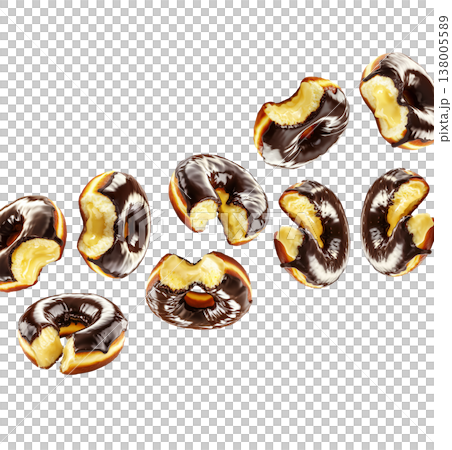 Chocolate glazed cream filled donuts with visible bite marks, isolated on white background. Concept of sweet dessert pattern Chocolate glazed cream filled donuts with visible bite marks, isolated on white background. Concept of sweet dessert pattern 138005589