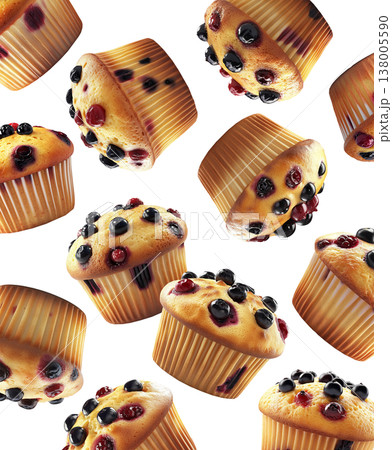 Multiple freshly baked blueberry and cranberry muffins scattered and isolated on white background, concept of delicious bakery 138005590