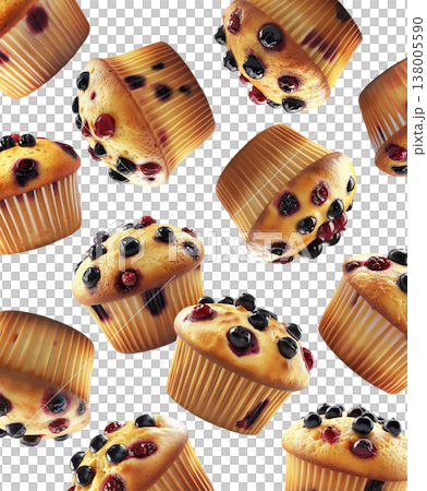 Multiple freshly baked blueberry and cranberry muffins scattered and isolated on white background, concept of delicious bakery Multiple freshly baked blueberry and cranberry muffins scattered and isolated on white background, concept of delicious bakery 138005590
