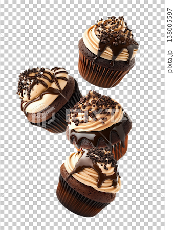 Chocolate cupcakes topped with creamy frosting, chocolate drizzle, and sprinkles on white background. Dessert and bakery concept Chocolate cupcakes topped with creamy frosting, chocolate drizzle, and sprinkles on white background. Dessert and bakery concept 138005597