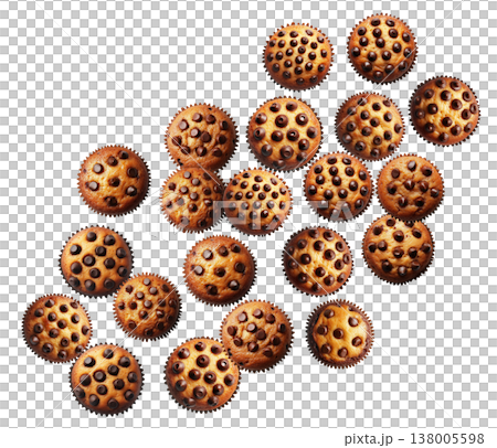 Multiple chocolate chip muffins arranged in a scattered pattern, isolated on white background, concept of bakery treats Multiple chocolate chip muffins arranged in a scattered pattern, isolated on white background, concept of bakery treats 138005598