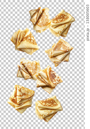 Multiple folded golden crepes arranged in a scattered seamless pattern on white background, representing a delicious food concept 138005603