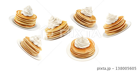 Repeating pattern of golden pancakes topped with whipped cream on plates, isolated over a white background, concept of breakfast 138005605