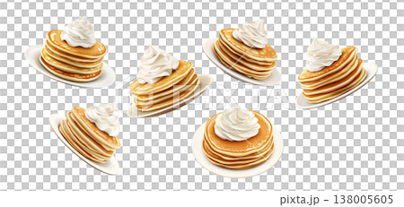 Repeating pattern of golden pancakes topped with whipped cream on plates, isolated over a white background, concept of breakfast 138005605