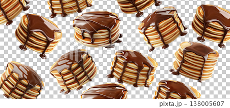 Multiple stacks of fluffy pancakes topped with rich chocolate syrup, isolated on white background, concept of sweet breakfast Multiple stacks of fluffy pancakes topped with rich chocolate syrup, isolated on white background, concept of sweet breakfast 138005607