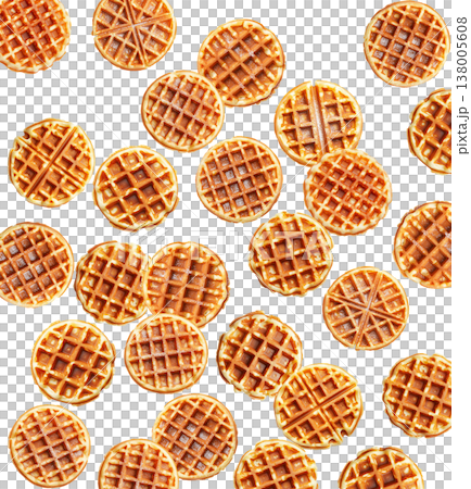 Multiple round caramel stroopwafels arranged in a scattered pattern from above, on a white background. Concept of sweet snacks Multiple round caramel stroopwafels arranged in a scattered pattern from above, on a white background. Concept of sweet snacks 138005608