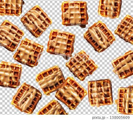 Golden brown square waffles drizzled with caramel sauce, in flat lay style isolated on white background, concept of sweet food Golden brown square waffles drizzled with caramel sauce, in flat lay style isolated on white background, concept of sweet food 138005609