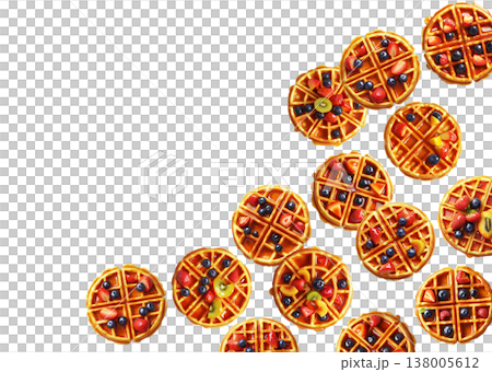 Top view of waffles with mixed fruits isolated on white background, conveying a bright breakfast concept Top view of waffles with mixed fruits isolated on white background, conveying a bright breakfast concept 138005612