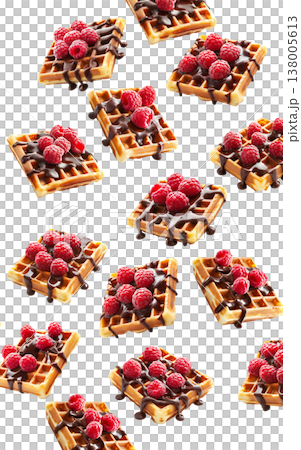 Belgian waffles with raspberries and chocolate isolated on white background as concept of tasty dessert Belgian waffles with raspberries and chocolate isolated on white background as concept of tasty dessert 138005613