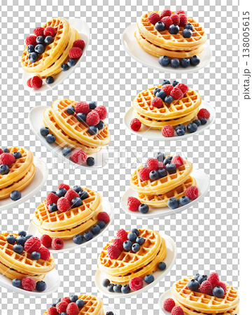 Stacked waffles topped with fresh berries in repeating layout isolated on white background, expressing a breakfast concept 138005615