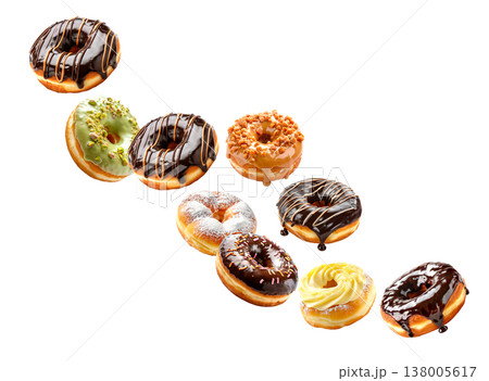 Assorted donuts with colorful toppings isolated on white background, representing sweetness and dessert temptation Assorted donuts with colorful toppings isolated on white background, representing sweetness and dessert temptation 138005617
