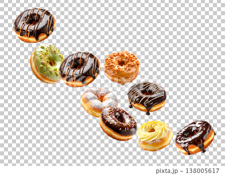 Assorted donuts with colorful toppings isolated on white background, representing sweetness and dessert temptation Assorted donuts with colorful toppings isolated on white background, representing sweetness and dessert temptation 138005617