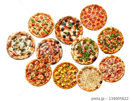 Multiple whole pizzas with various toppings isolated on white background, representing food variety and culinary choice Multiple whole pizzas with various toppings isolated on white background, representing food variety and culinary choice 138005622