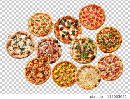 Multiple whole pizzas with various toppings isolated on white background, representing food variety and culinary choice Multiple whole pizzas with various toppings isolated on white background, representing food variety and culinary choice 138005622