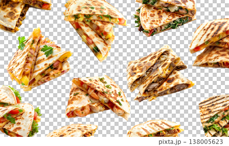 Quesadilla pieces with fillings, street food style isolated on white background, concept of tasty cuisine variety 138005623