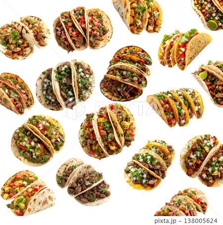 Multiple tacos filled with meats and vegetables isolated on white background, concept of delicious cuisine Multiple tacos filled with meats and vegetables isolated on white background, concept of delicious cuisine 138005624