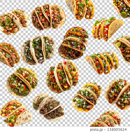 Multiple tacos filled with meats and vegetables isolated on white background, concept of delicious cuisine Multiple tacos filled with meats and vegetables isolated on white background, concept of delicious cuisine 138005624