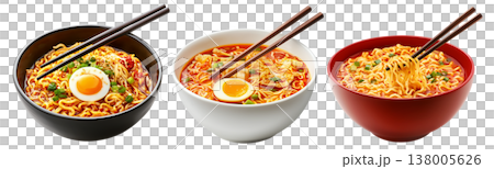 Delicious Korean ramen with boiled eggs, grilled pork, onions, and seaweed in black bowl isolated on white background Delicious Korean ramen with boiled eggs, grilled pork, onions, and seaweed in black bowl isolated on white background 138005626